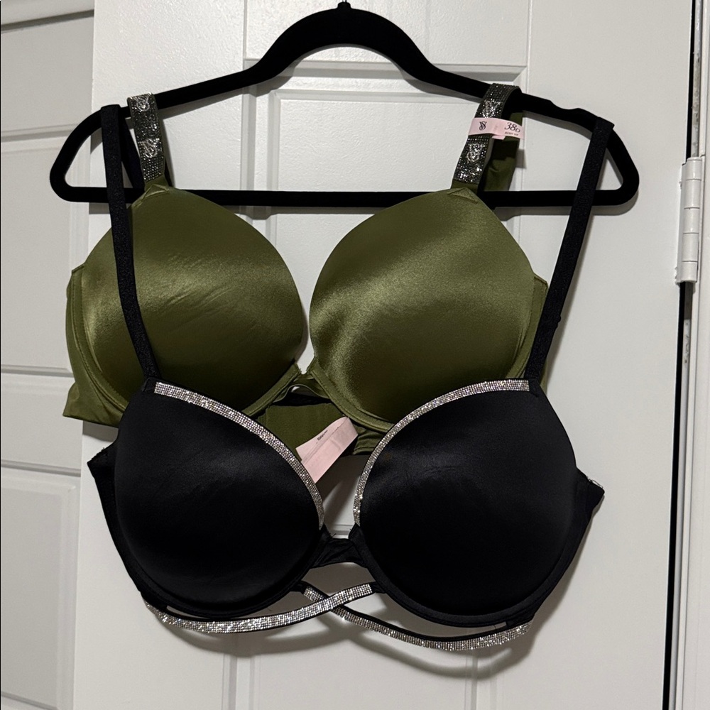 Victoria's Secret Black Rhinestone-Trim Push-Up Bra and green rhinestone push up